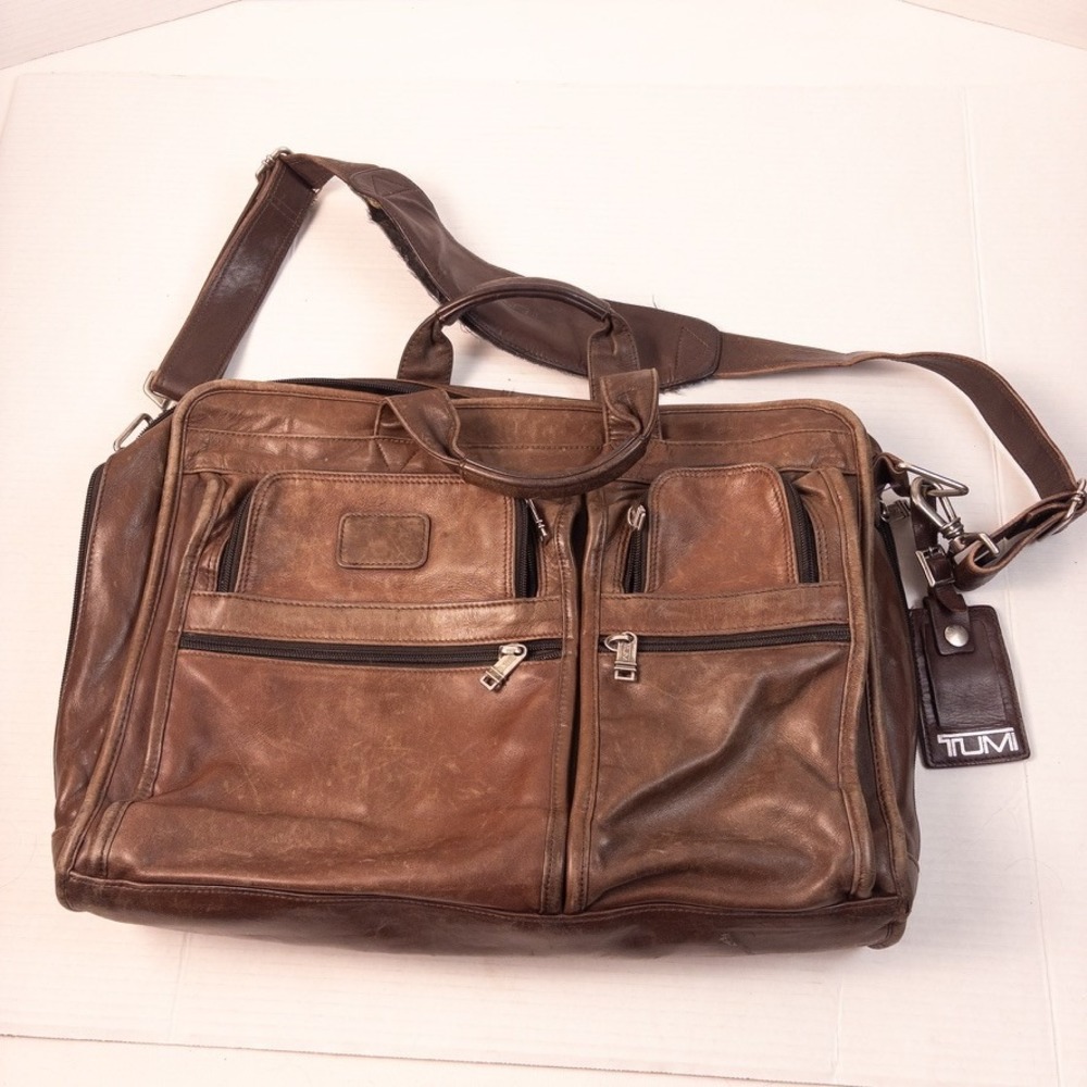Vintage Tumi 96141 Full Grain Briefcase Brown Leather Expandable Messenger Bag